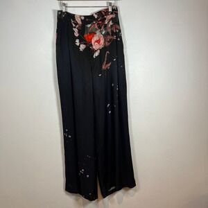 THE KIT. Women Black Floral Cupro Wide Leg High Rise Trousers Pants Size 6 Glam